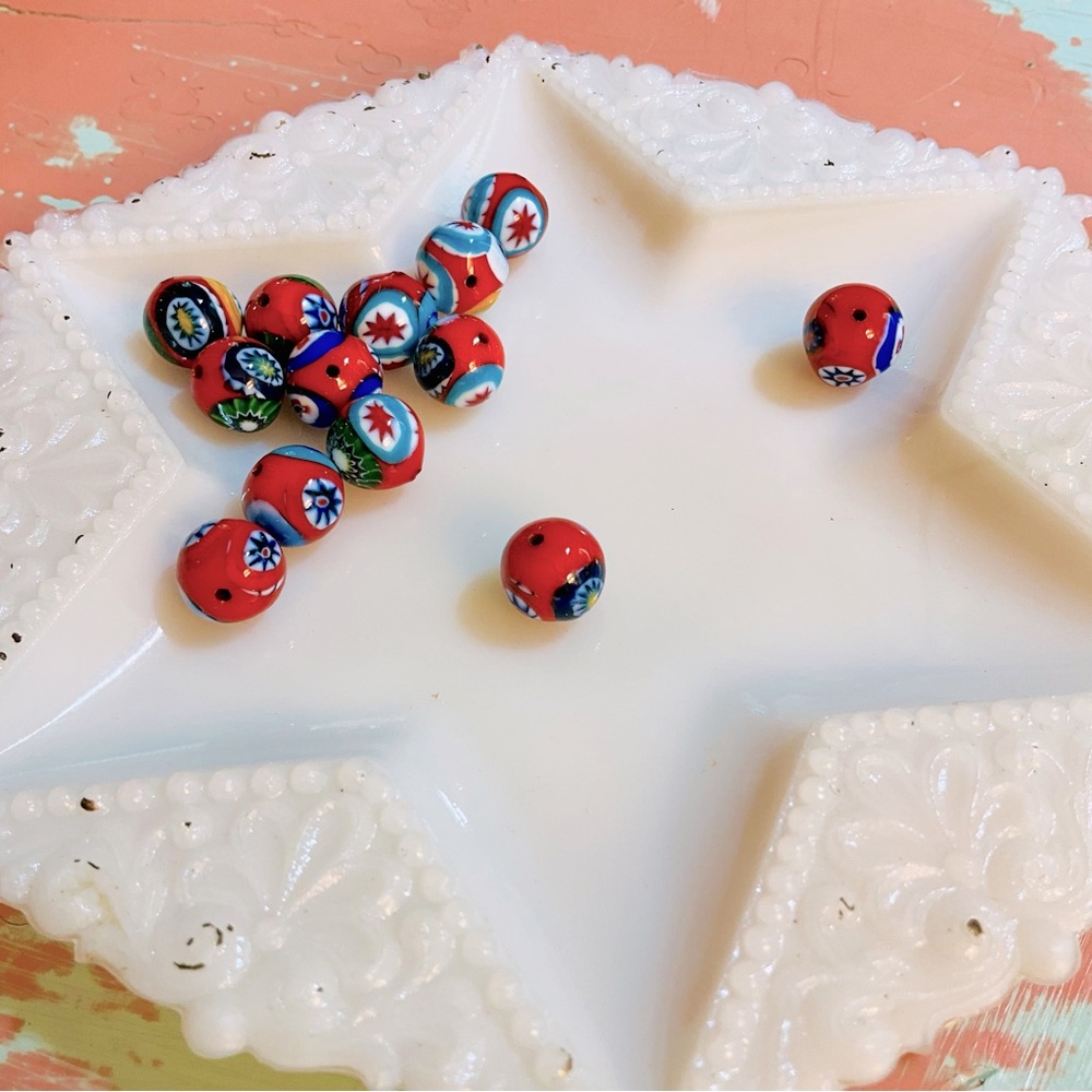 Vintage Red & Blue Multicolor Art Glass Millefiori Beads Lot of 13